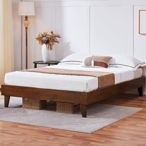 Yaheetech Full Bed Frame Deluxe Natural Solid Pine Wood Platform Bed, Reserved Holes for DIY Headboard/Wooden Slats Support/7.5″ Clearance Space/No Noise/Easy Assembly, Smoked Walnut Full Bed