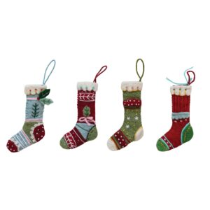 creative co-op handmade wool felt stocking ornament with beads and embroidery, multicolor, set of 4 styles