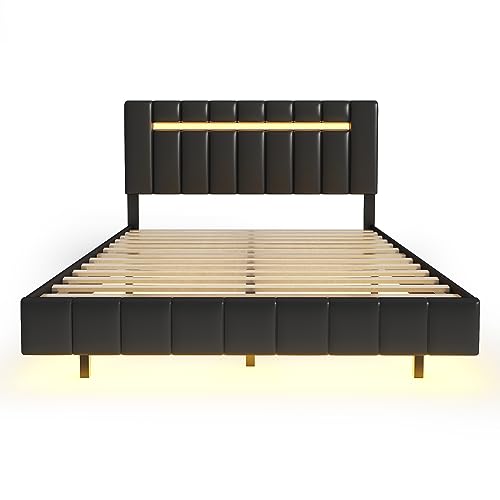 SIYSNKSI Modern Queen Size Upholstered Platform Bed, Floating Bed Frame with LED Lights and USB Charging, PU Leather Platform Bed for Kids Teens Adult Bedroom, No Box Spring Needed (Black-A032)