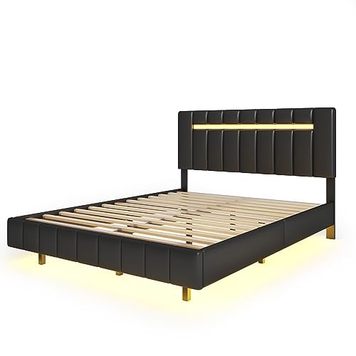 SIYSNKSI Modern Queen Size Upholstered Platform Bed, Floating Bed Frame with LED Lights and USB Charging, PU Leather Platform Bed for Kids Teens Adult Bedroom, No Box Spring Needed (Black-A032)