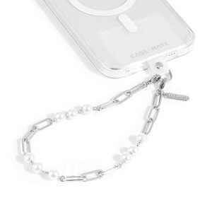 case-mate phone charm with beaded silver pearls - detachable phone lanyard, hands-free wrist strap, adjustable phone strap grip for women - iphone 15 pro max/ 14 pro max/ 13 pro max/ 12 - silver pearl