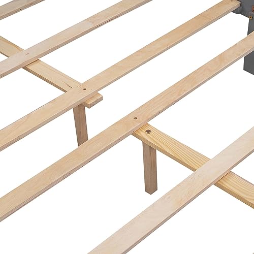 Queen Size Solid Wood Platform Bed Frame with Storage Drawers and Classic Headboard, Wood Slats Support, Under Bed Storage for Boys Girls Teens Adults,Space Saving, No Box Spring Needed (Gray)