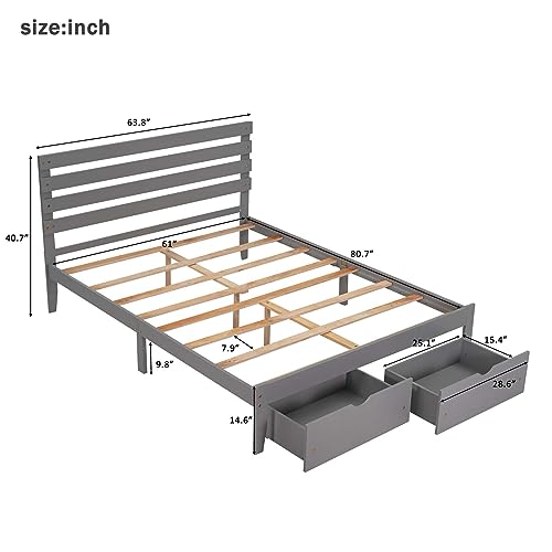 Queen Size Solid Wood Platform Bed Frame with Storage Drawers and Classic Headboard, Wood Slats Support, Under Bed Storage for Boys Girls Teens Adults,Space Saving, No Box Spring Needed (Gray)