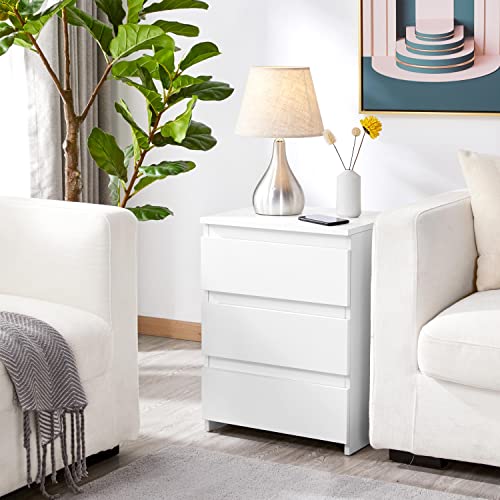 Yaheetech Nightstand with 3 Drawers, Wooden Bedside Table with Storage, Small Bedside Storage Cabinet Unit with Sturdy Base for Bedroom/Small Space, White