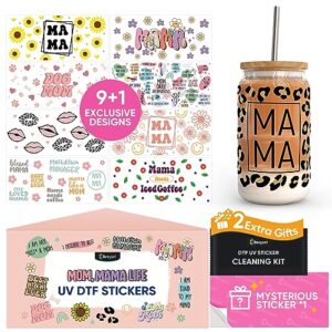 beryzol uv dtf cup wrap, 9 sheets mama theme 1 sheets mysterious pattern and cleaning kit, uv dtf transfers stickers for 16 oz libbey glass cups straws and accessories