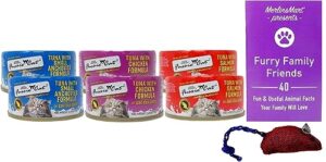 fussie cat food tuna formula - in goat milk gravy - 3 flavor 6 can sampler variety - (2) each: anchovies, chicken, salmon (2.47 ounces) - plus catnip toy and fun facts booklet bundle