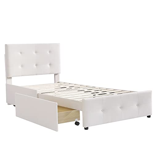 Virgorack Upholstered Bed 90 x 200 cm with Slatted Bed Frame and Two Drawers in Skin-Friendly Velvet Fabric Flat Single Bed Beige (Without Mattress) (Beige)