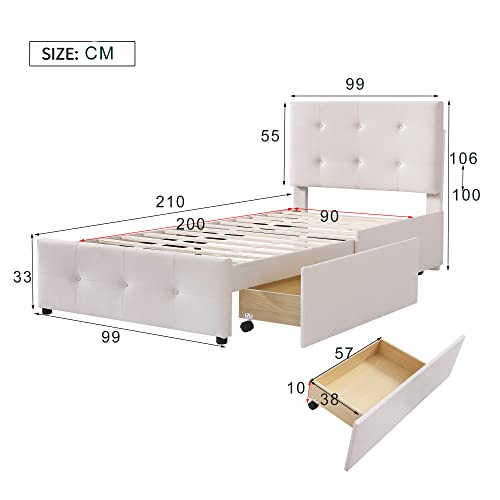 Virgorack Upholstered Bed 90 x 200 cm with Slatted Bed Frame and Two Drawers in Skin-Friendly Velvet Fabric Flat Single Bed Beige (Without Mattress) (Beige)