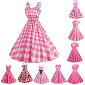 Hot Pink Dress for Women Party 50S Dresses for Women Vintage Sexy Tea Party Dress for Women Plus Size with Hat Vintage Cocktail Dresses for Women Plus Size