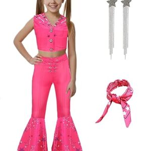 Hitormoon Pink Cowgirl Costume for Girls,70s 80s Hippie Disco Outfits for Kids, Halloween Cosplay Costume with Accessories Scarf Earrings HN009M
