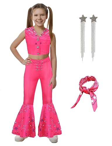 Hitormoon Pink Cowgirl Costume for Girls,70s 80s Hippie Disco Outfits for Kids, Halloween Cosplay Costume with Accessories Scarf Earrings HN009M