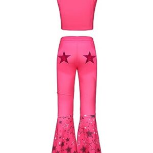 Hitormoon Pink Cowgirl Costume for Girls,70s 80s Hippie Disco Outfits for Kids, Halloween Cosplay Costume with Accessories Scarf Earrings HN009M