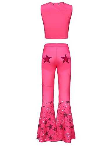 Hitormoon Pink Cowgirl Costume for Girls,70s 80s Hippie Disco Outfits for Kids, Halloween Cosplay Costume with Accessories Scarf Earrings HN009M