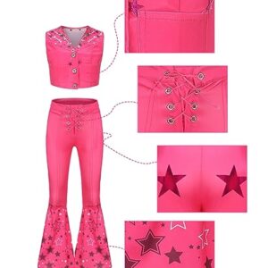 Hitormoon Pink Cowgirl Costume for Girls,70s 80s Hippie Disco Outfits for Kids, Halloween Cosplay Costume with Accessories Scarf Earrings HN009M