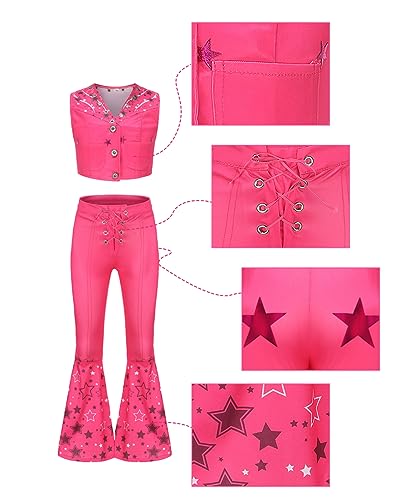 Hitormoon Pink Cowgirl Costume for Girls,70s 80s Hippie Disco Outfits for Kids, Halloween Cosplay Costume with Accessories Scarf Earrings HN009M