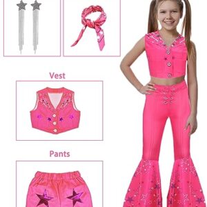 Hitormoon Pink Cowgirl Costume for Girls,70s 80s Hippie Disco Outfits for Kids, Halloween Cosplay Costume with Accessories Scarf Earrings HN009M