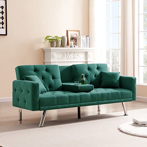 Eafurn 2 in 1 Button Tufted Futon Bed, Modern Convertible Loveseat, Comfy Upholstered Folding Sofa & Couches with Armrest for Apartment Sofabed, Green Linen 75.59“ w/ 2 Cupholders