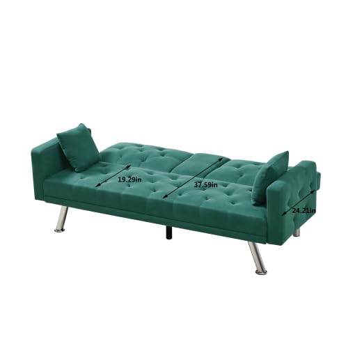 Eafurn 2 in 1 Button Tufted Futon Bed, Modern Convertible Loveseat, Comfy Upholstered Folding Sofa & Couches with Armrest for Apartment Sofabed, Green Linen 75.59“ w/ 2 Cupholders