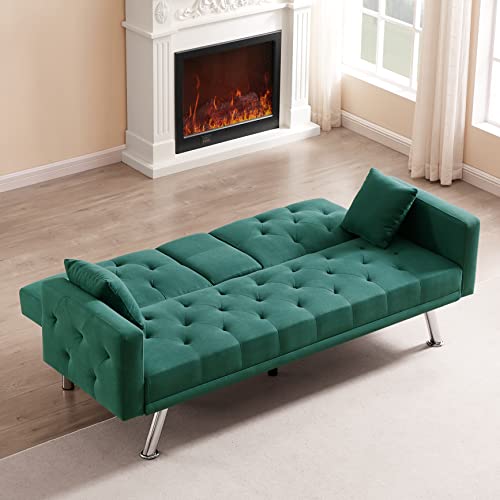 Eafurn 2 in 1 Button Tufted Futon Bed, Modern Convertible Loveseat, Comfy Upholstered Folding Sofa & Couches with Armrest for Apartment Sofabed, Green Linen 75.59“ w/ 2 Cupholders