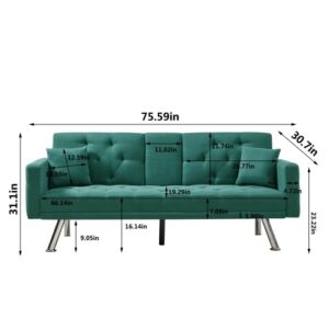 Eafurn 2 in 1 Button Tufted Futon Bed, Modern Convertible Loveseat, Comfy Upholstered Folding Sofa & Couches with Armrest for Apartment Sofabed, Green Linen 75.59“ w/ 2 Cupholders
