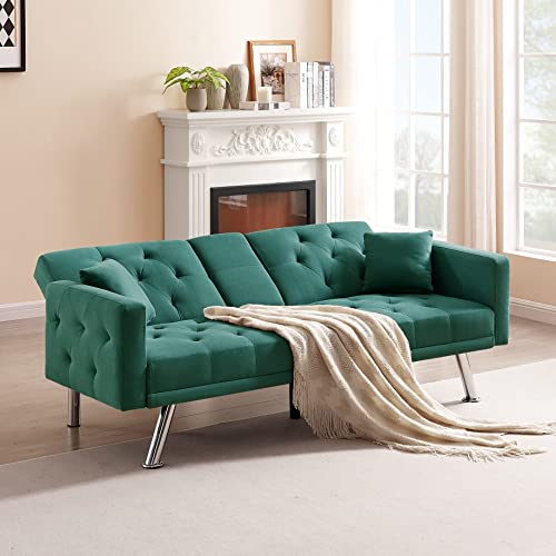 Eafurn 2 in 1 Button Tufted Futon Bed, Modern Convertible Loveseat, Comfy Upholstered Folding Sofa & Couches with Armrest for Apartment Sofabed, Green Linen 75.59“ w/ 2 Cupholders