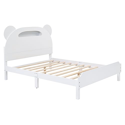 Kids Full Size Platform Bed with Motion Activated Night Lights, Wood Full Bed with Bear-Shaped Headboard, Cute Kids Full Size Bed Frame for Boys Girls (White)