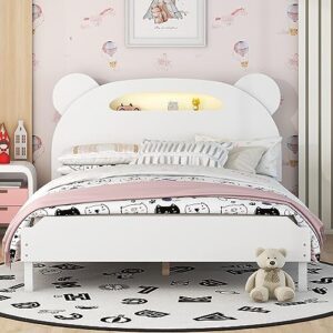 kids full size platform bed with motion activated night lights, wood full bed with bear-shaped headboard, cute kids full size bed frame for boys girls (white)