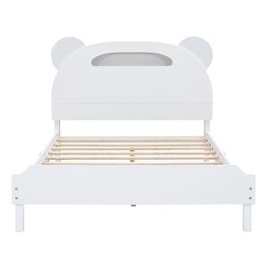 Kids Full Size Platform Bed with Motion Activated Night Lights, Wood Full Bed with Bear-Shaped Headboard, Cute Kids Full Size Bed Frame for Boys Girls (White)