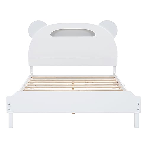 Kids Full Size Platform Bed with Motion Activated Night Lights, Wood Full Bed with Bear-Shaped Headboard, Cute Kids Full Size Bed Frame for Boys Girls (White)