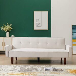 Eafurn Button Tufted Futon Bed, Modern Convertible Loveseat, Comfy Upholstered Folding Sofa & Couches with Armrest for Apartment, Compact Sofabed, Beige 74.8" Linen w/Wooden Legs