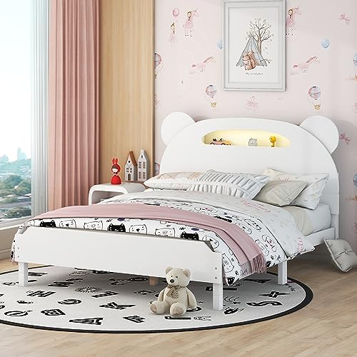 Merax Full Kids Bed Bear-Shaped Low Beds with Led Lights, Wood Platform Bed Frame for Boys, Girls,Easy Assemble (Full, White