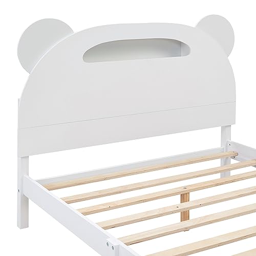 Merax Full Kids Bed Bear-Shaped Low Beds with Led Lights, Wood Platform Bed Frame for Boys, Girls,Easy Assemble (Full, White