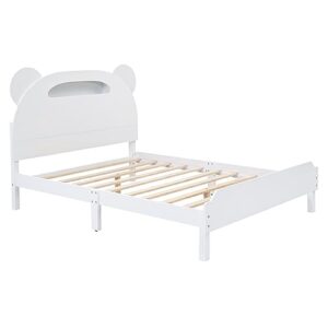 Merax Full Kids Bed Bear-Shaped Low Beds with Led Lights, Wood Platform Bed Frame for Boys, Girls,Easy Assemble (Full, White