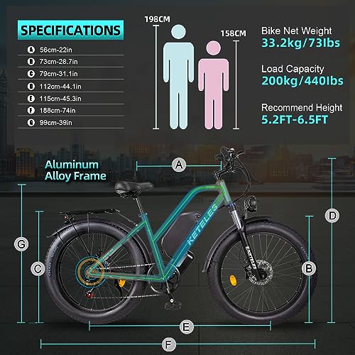 QIKAITU Electric Bike for Adults 1000W 30MPH 48V 23AH Ebikes for Men 26" Fat Tire Electric Bicycle Snow Beach Color LCD Display Electric Mountain Bike