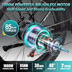 QIKAITU Electric Bike for Adults 1000W 30MPH 48V 23AH Ebikes for Men 26" Fat Tire Electric Bicycle Snow Beach Color LCD Display Electric Mountain Bike