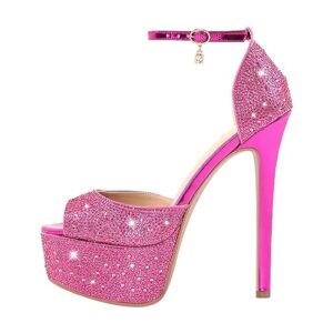lishan platform pink rhinestone heel for women bling bling sandals sexy sparkly stiletto high heel with ankle strap glitter peep open toe shoes for dress disco party slip on shoes plus size 13