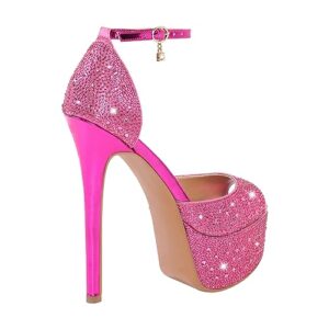 LISHAN Platform Pink Rhinestone Heel for Women Bling Bling Sandals Sexy Sparkly Stiletto High Heel with Ankle Strap Glitter Peep Open Toe Shoes for Dress Disco Party Slip on Shoes plus Size 13