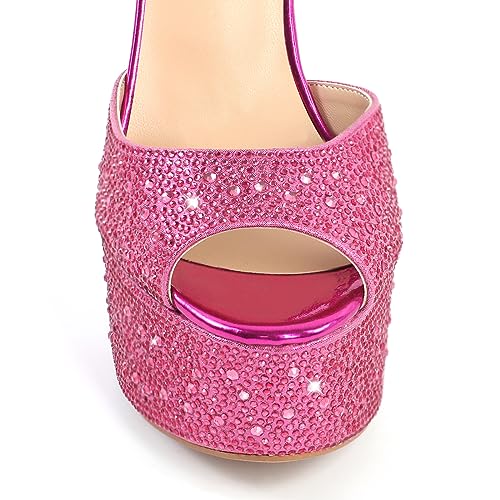 LISHAN Platform Pink Rhinestone Heel for Women Bling Bling Sandals Sexy Sparkly Stiletto High Heel with Ankle Strap Glitter Peep Open Toe Shoes for Dress Disco Party Slip on Shoes plus Size 13