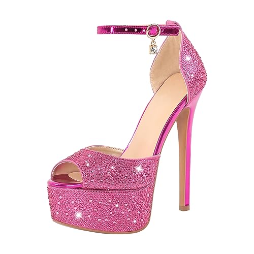 LISHAN Platform Pink Rhinestone Heel for Women Bling Bling Sandals Sexy Sparkly Stiletto High Heel with Ankle Strap Glitter Peep Open Toe Shoes for Dress Disco Party Slip on Shoes plus Size 13