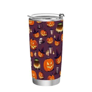 jihqo halloween pumpkin skull lantern tumbler with lid and straw, insulated stainless steel tumbler cup, double walled travel coffee mug thermal vacuum cups for hot & cold drinks 20oz