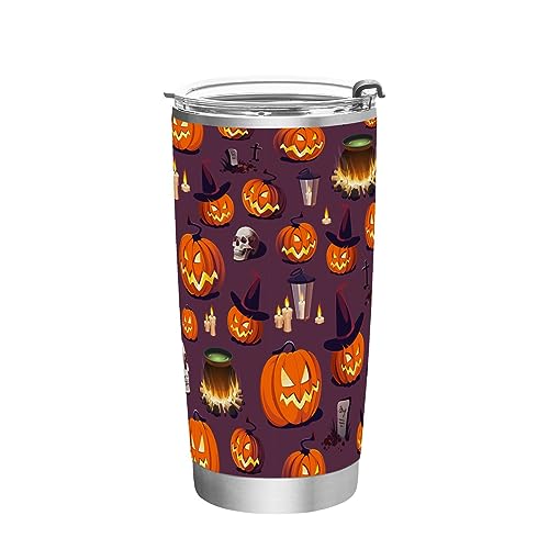 Jihqo Halloween Pumpkin Skull Lantern Tumbler with Lid and Straw, Insulated Stainless Steel Tumbler Cup, Double Walled Travel Coffee Mug Thermal Vacuum Cups for Hot & Cold Drinks 20oz