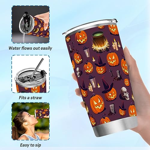 Jihqo Halloween Pumpkin Skull Lantern Tumbler with Lid and Straw, Insulated Stainless Steel Tumbler Cup, Double Walled Travel Coffee Mug Thermal Vacuum Cups for Hot & Cold Drinks 20oz