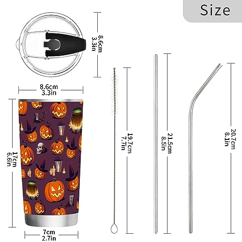 Jihqo Halloween Pumpkin Skull Lantern Tumbler with Lid and Straw, Insulated Stainless Steel Tumbler Cup, Double Walled Travel Coffee Mug Thermal Vacuum Cups for Hot & Cold Drinks 20oz