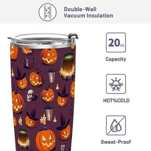 Jihqo Halloween Pumpkin Skull Lantern Tumbler with Lid and Straw, Insulated Stainless Steel Tumbler Cup, Double Walled Travel Coffee Mug Thermal Vacuum Cups for Hot & Cold Drinks 20oz