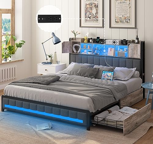 Queen Bed Frame with Storage Headboard & 4 Drawers, LED Upholstered Bed Frame Queen Size with Type-C & USB Ports, Metal Queen Platform Storage Light up Bed Frame, No Box Spring Needed, Charcoal Gray