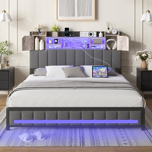 Queen Bed Frame with Storage Headboard & 4 Drawers, LED Upholstered Bed Frame Queen Size with Type-C & USB Ports, Metal Queen Platform Storage Light up Bed Frame, No Box Spring Needed, Charcoal Gray
