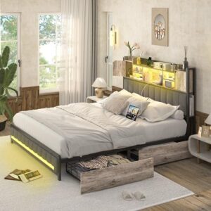 Queen Bed Frame with Storage Headboard & 4 Drawers, LED Upholstered Bed Frame Queen Size with Type-C & USB Ports, Metal Queen Platform Storage Light up Bed Frame, No Box Spring Needed, Charcoal Gray
