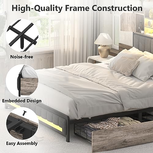 Queen Bed Frame with Storage Headboard & 4 Drawers, LED Upholstered Bed Frame Queen Size with Type-C & USB Ports, Metal Queen Platform Storage Light up Bed Frame, No Box Spring Needed, Charcoal Gray