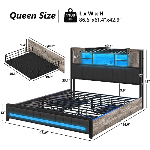 Queen Bed Frame with Storage Headboard & 4 Drawers, LED Upholstered Bed Frame Queen Size with Type-C & USB Ports, Metal Queen Platform Storage Light up Bed Frame, No Box Spring Needed, Charcoal Gray