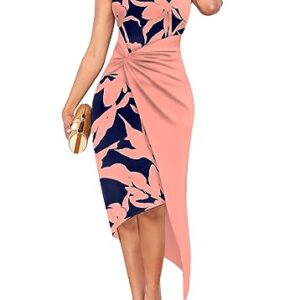 LaiyiVic Ruched Bodycon Dresses for Women Elegant Sleeveless Slit Wedding Cocktail Church Casual Work Outfits Midi Dress(L,Pink/122)